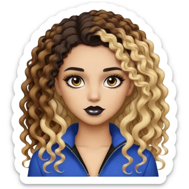 brunette split dye leftside blonde rightside brown, baddie, pretty makeup, black eyeliner, long and curly hair sticker