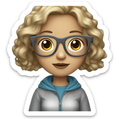 dark-blonde girl with bob wavy hair and blue eyes in glasses silver color glasses holding laptop light skin sticker