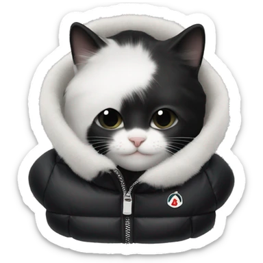 black and white cat wearing black moncler puffer coat sticker