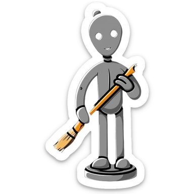 A paintbrush transforming into a 3D metal human silhouette sculpture, symbol of artistic identity, with defined sculptural details sticker