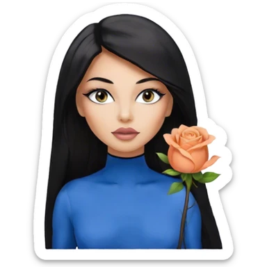 Glamours, tanned, very beautiful girl, with big pump peach-beige-rose lips, eyeliner, long long lashes, black straight smooth silky long hair, straight parting hair, blue-grey eyes, black bodysuit long-sleeves sticker