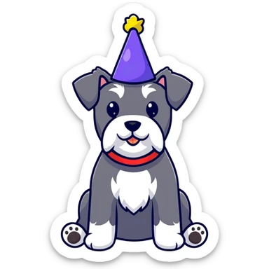 A schnauzer dog wearing a colorful birthday hat sticker