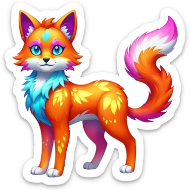 Vibrant multicolored neon-colored Falvie-Fionbri-creature-sparkle-feline-canine-hybrid-fursona, full body sticker