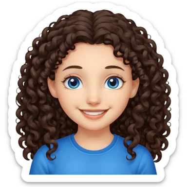 a girl with long dark brown curly hair that starts at the level of her ears, and blue eyes sticker