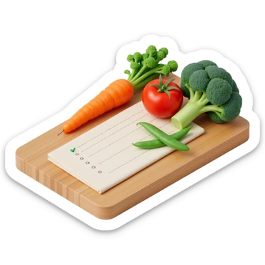 "3D isometric illustration of a wooden cutting board with fresh vegetables (carrot, broccoli, tomato, peas), a paper grocery list with checkboxes, soft lighting, realistic textures, floating shadows, minimalistic style, dark background, modern food planning app aesthetic sticker