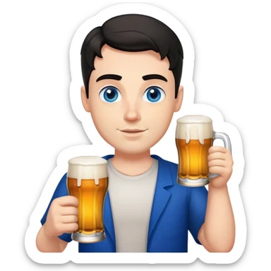 white guy thick eyebrows blue eyes with short wavy black hair holding beer sticker
