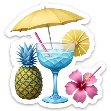 blue tropical cocktail with hibiscus, pineapple, and tiny pastel paper umbrella garnishes sticker