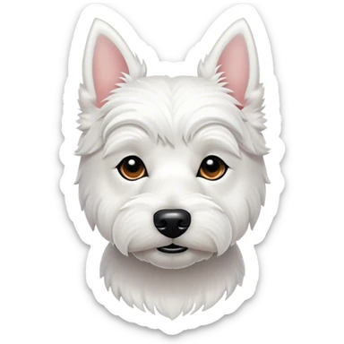Cinematic Noble West Highland White Terrier Portrait Emoji, Poised and regal, with a compact, sturdy build and a pristine, well-groomed pure white coat, deep-set soulful dark eyes, Simplified yet sharp and sophisticated features, highly detailed, glowing with a soft, dignified glow, high shine, intelligent and loyal, stylized with an air of confidence, focused and attentive, soft glowing outline, capturing the essence of a watchful and determined companion, so majestic it feels as though it could trot out of the screen with effortless authority! sticker