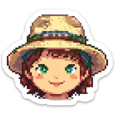 Anyme023 streamer wearing a Kaytan hat, pixel art style, joyful expression sticker