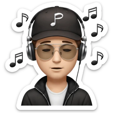 emojis.com dj-man-white-with-baseball-cap---rayban-sun-glasses-80s---brown-hair---closed-eyes-with-headphones-on-with-musical-note-over-head-(listening-to-music-)---eyes-closed-no-glasses---black-hat--musical-notes sticker