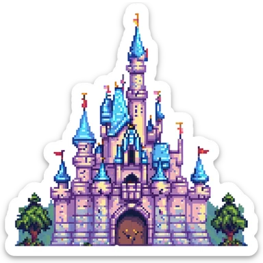 Disneyland Castle pixel art style, pastel colors sticker