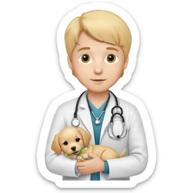 Young male vet – white coat, stethoscope, holding puppy. sticker