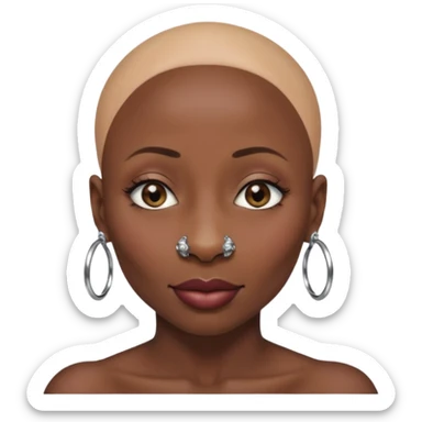 Grown black (proud) woman, bald with a perfect head, a prominent nose with a septum piercing, many piercings on her ears, a gap between her front teeth and very long nails (cynthia erivo) sticker