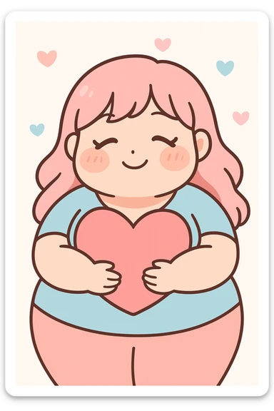 bbw anime girl with closed eyes, smiling, heart in her arms, kawaii anime style, warm and cute sticker