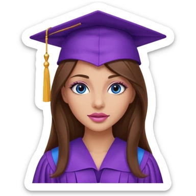 pretty girl with beautiful extremely long brown hair, blue eyes, long lashes makeup, sexy pink lips, wearing a purple graduation cap and gown sticker