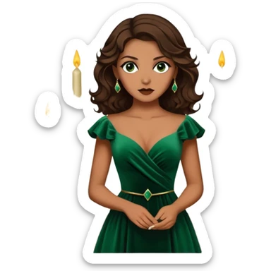 A half-body image of a woman with dark, smoky eyes and soft, wavy brown hair. She’s wearing a velvet, emerald green dress, with a serious yet alluring expression, standing in front of an antique, candlelit setting. sticker