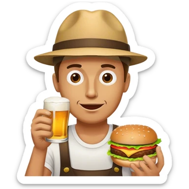 hipster flat bill wearing man sipping on a pint of beer holding a half eaten hamburger in the other hand sticker