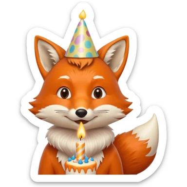 A fox wearing a birthday hat, joyfully blowing candles, portrait, bust up sticker