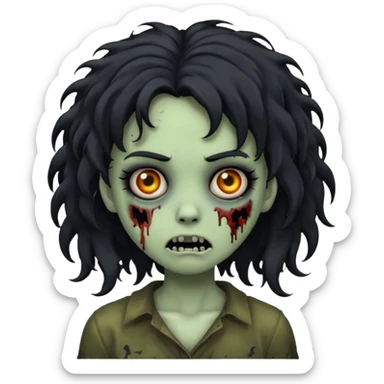 emoji style girl zombie with black curly medium-long hair, emo, shaggy, dark, spooky, creepy expression sticker