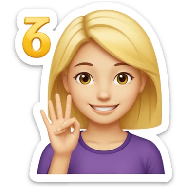 yellow smiling face girl with one hand flat under chin. With the number 6 on the left hand and the number 7 on the right hand sticker