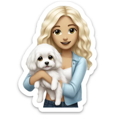 White Cute straight long-haired Blonde and blue-eyed girl fashion nightclub outfit and holding happy white cavachon dog sticker