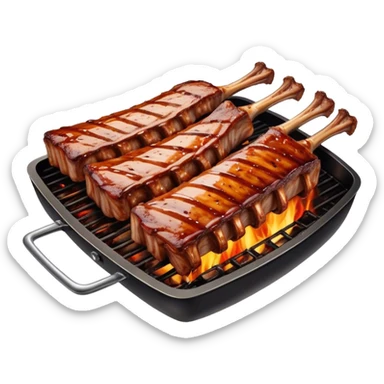 Cinematic juicy grilled ribs, glistening with smoky barbecue sauce, charred edges, tender meat falling off the bone, sizzling on a hot grill, mouthwatering and rich, warm and inviting, ultra-realistic and delicious. sticker