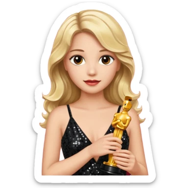blonde model, brown eyes, long wavy hair, oscars red carpet, black sequin, holding oscar sticker