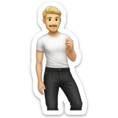 Slavic guy in a white T-shirt and black trousers washes the window with a slick and a rag sticker