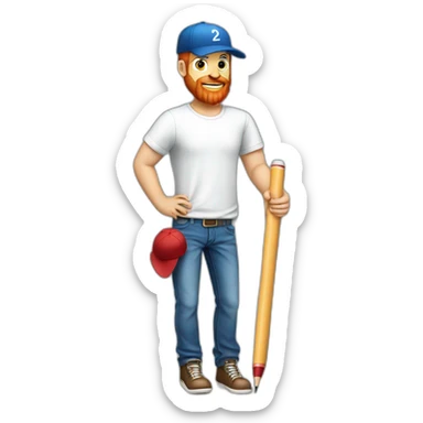 full body white man with red beard wearing baseball hat shirt jeans holding a huge pen w sticker