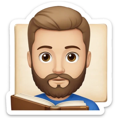 A young man witch an italian beard, who is greek's and latin teacher holding a dictionary and saying '¡Vivan las clásicas!' sticker