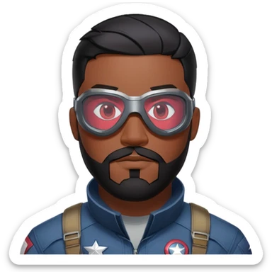 sam wilson with  short, neatly cropped black hair and a well-groomed beard that connects to his mustache,  wear sleek, red-tinted tactical goggles fit snugly from captain america: civil war sticker
