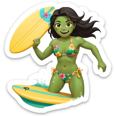 ork female holding small yellow bodyboard, running through shallow turquoise waves, muscular green body, bright floral bikini, fierce joyful grin showing tusks, long wet dark hair splashing, foam and spray, minimalist beach and ocean background, centered emoji, vibrant summer colors, sticker style sticker