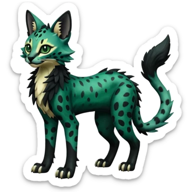 Epic complex knightly divine glorious futuristic detailed dark dusky gloomy deep gothic dark-deep-green, black, realistic Fakémon-Sprigatito-Floragato-Meowscarada-Trico-Sergal-Serval-Vernid-creature (full body) sticker