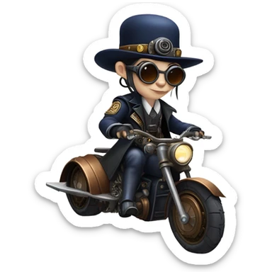 Bounty hunter Wednesday Addams Jedi wearing a pair of navy-blue rimmed steampunk goggles, hat, leather chaps, fringe jacket riding a relaxed sci-fi 3 wheeled steampunk rat rod motorcycle with large fenders and saddlebags in desert town  sticker
