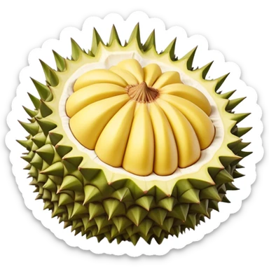 Cinematic Realistic Durian Fruit Dish Emoji, depicted as the notorious spiky fruit with a rich, custardy interior rendered with lifelike detail and bold, distinctive lighting. sticker