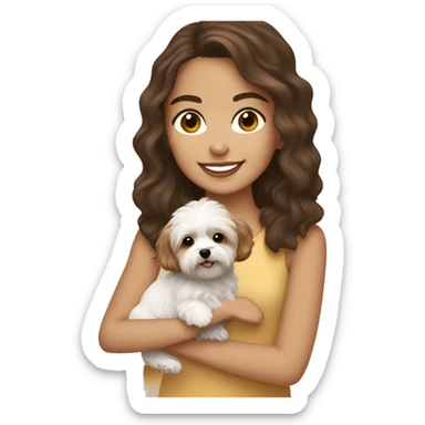 Girl with brown hair and brown eyes holding a white maltipoo and light brown yorkie poo sticker