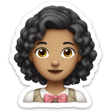a girl with black wavy hair, brown eyes, fair skin, and a bow in her hair sticker