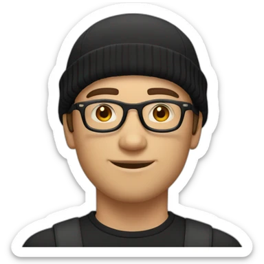white young man with round glasses and black straight short hair and short black thin beard with a black beanie hat sticker