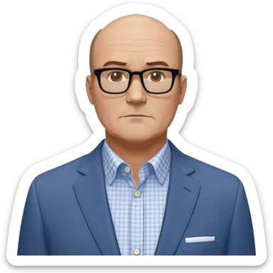 Larger 50-year-old man with extremely wide square face and big square jawline. Balding with hair on top but very little on sides. Large dark square-framed glasses. Serious expression. Wearing a light gray blazer that accommodates his bigger build, white button-up shirt with blue checkered pattern. sticker