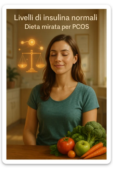 vertical realistic and cinematic illustration of a healthy and serene woman with normal insulin levels thanks to a targeted diet for PCOS, visual elements suggesting hormonal balance and well-being, positive clinical atmosphere, warm lighting, Italian captions, aspect ratio 2:3 sticker