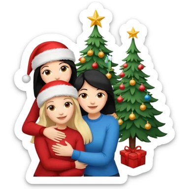 Generate Christmas-style emojis  family. Where light-skinned people stand near the tree all together, hugging and smiling. 2 girl should be Light-haired woman, 1 woman black-haired woman, and 1 man  sticker