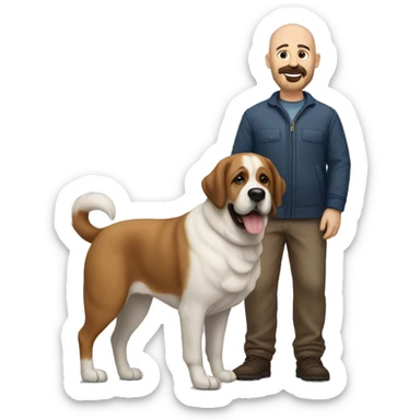 A 50 year old bald man with a short beard and his big Saint Bernard dog sticker