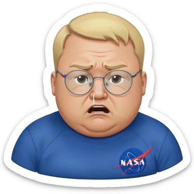 angry fat man, crying like a kid,  blond short and hight receding hairline, wearing a dark blue sweatshirt, nasa logo on the sweatshirt, round glasses without frame, 40 years old sticker