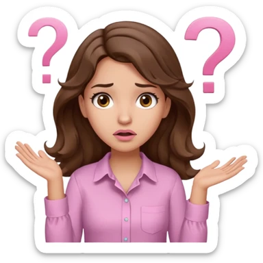 girl with wavy long brown hair, brown eyes, light to medium complexion, long lashes, light pink lipstick, wearing light pink shirt, shrugging with both hands, confused, question mark sticker