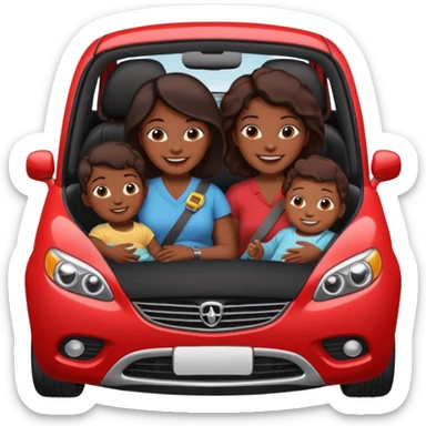 Dark Skin mom with two children, one young boy and a baby girl in a car red sticker