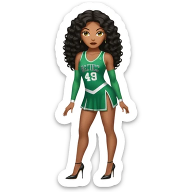 A 45-year-old black woman with brown eyes, long body wave black brown baylaige hair dressed in sexy 
celtics jersey costume outfit and stilettos  sticker