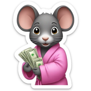 a rat female with a pink bathrobe and black hairs, holding a bunch of money sticker