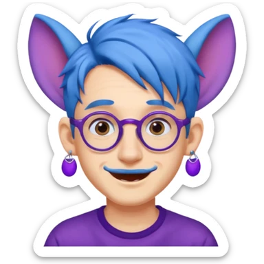 blue haired man mid length hair with big ears and purple earrings and spectaclesi happy sticker