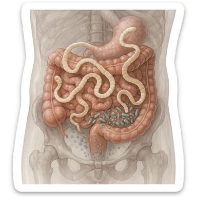 realistic transparent abdomen showing tapeworms and blastocystis in direct competition, disrupted nutrient and microbiome flow, medical illustration sticker