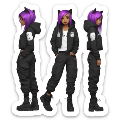 Edgy beautiful pretty anime punk tomboy with cat ears techwear cargo pants hoodie sticker